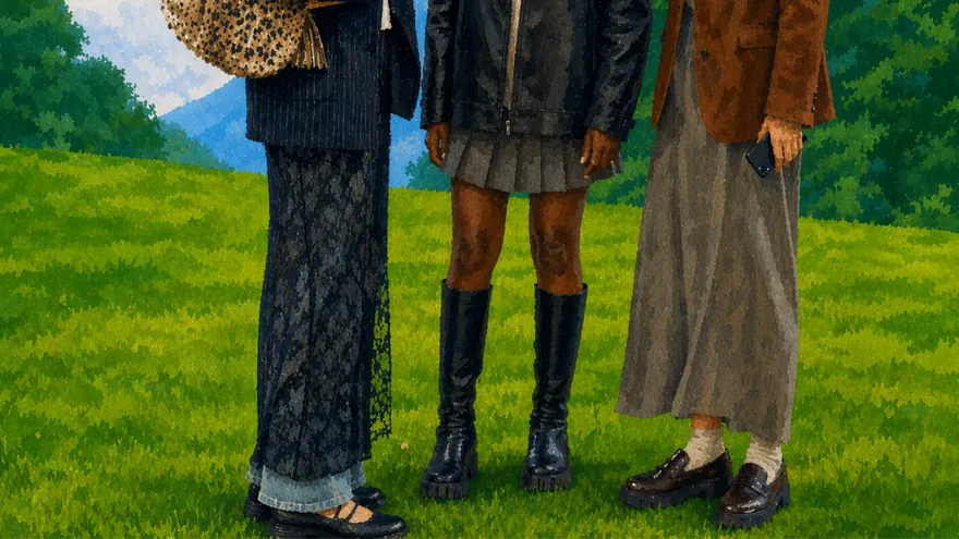 A painting of three students standing on a green lawn